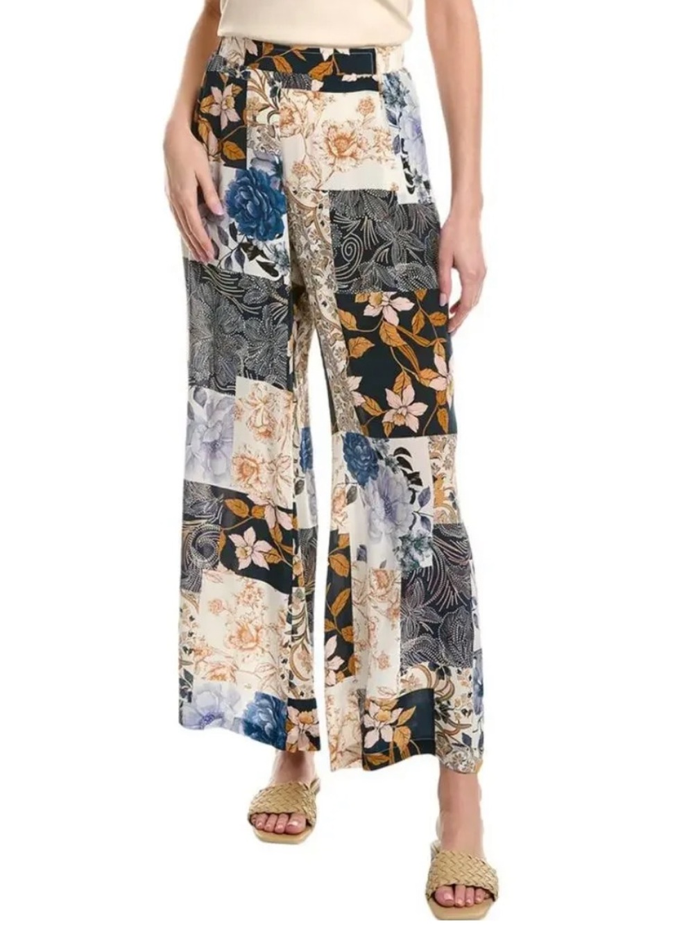 Johnny Was Jade Polaris Silk Easy Pant Wide Leg Patchwork Print Floaty Large NWT
